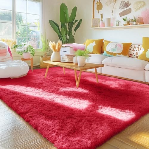 OLANLY Area Rugs for Living Room Bedroom, Machine Washable 4x5.9 ft Soft Fluffy Shaggy Bedside Rug, Indoor Floor Carpet for Kids Girls and Boys, Dorms, Nursery Rooms, Home Decor Aesthetic, Red