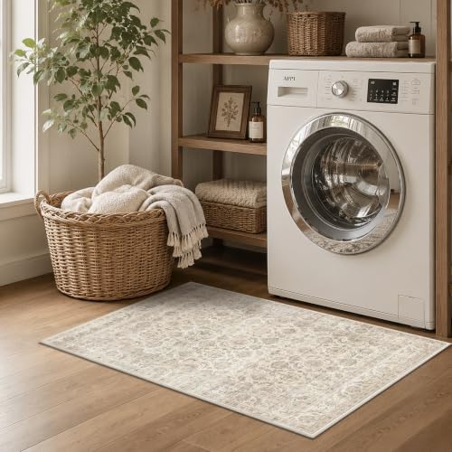 JOOJA 8x10 Beige Vintage Soft Low Pile Boho Neutral Washable Area Rug
