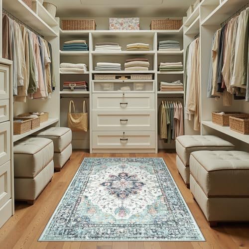 RELEANY Washable Area Rug, 3'x5', Teal Green/White/Navy