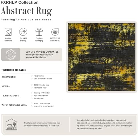 Area Rug Living Room: 6x6 Modern Washable Soft Carpet Black Gold