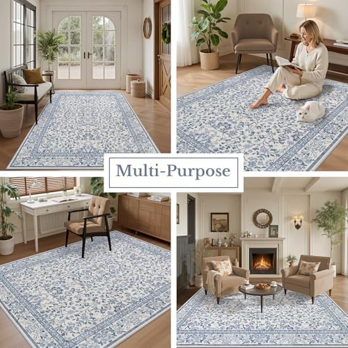 Area Rug 9x12 Living Room: Soft Floral Washable Boho Carpet Blue