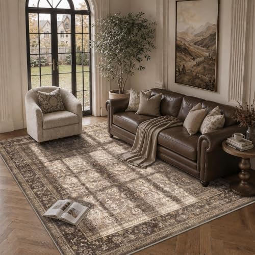 JOOJA 5x7 Dark Brown Vintage Washable Area Rug, Low Pile Living Room Rug