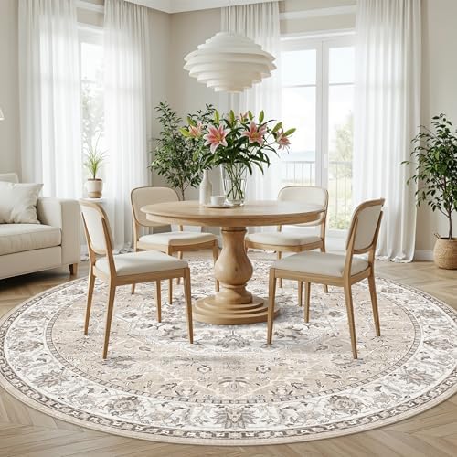 Washable 6ft Circle Round Rug: 6x6 Low-Pile Circular Rug for Living Room Bedroom Cute Office Nursery Area Rug with TPR Rubber Backing Soft Stain-Resistant Carpet Bathroom Entryway Dorm(6Round，Beige)