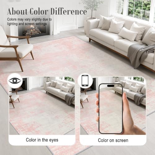 Area Rug Living Room: 4x6 Modern Washable Soft Carpet Pink White