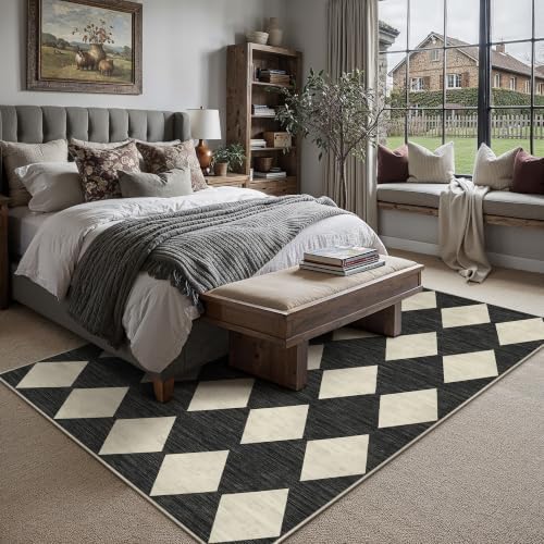 PureCozy Black 9x12 Washable Area Rug Living Room Non Slip Checkered Carpet