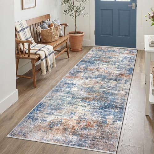 IOHOUZE Abstract Runner Rug 3x7 Ft Washable Runners for Hallways, Non Slip Kitchen Runner Printed Faux Wool Entryway Runner Indoor, Modern Abstract Floor Carpet for Hall Kitchen Bedroom, Blue Rust