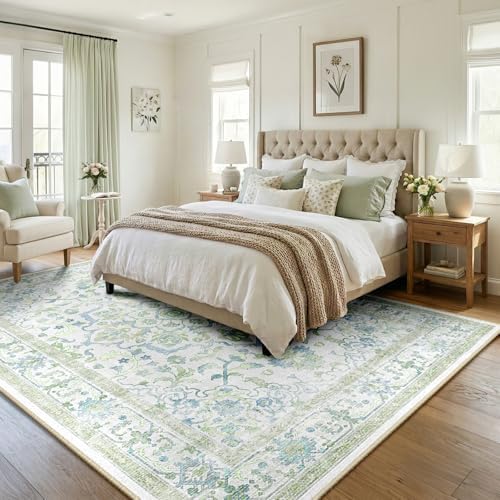 CAPALOCA 9x12 Washable Nursery Girls Low Pile Area Rug Green Blue