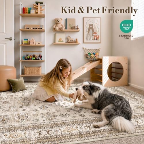 cotiled 5x8 Area Rug for Living Room, Washable, Traditional, Beige