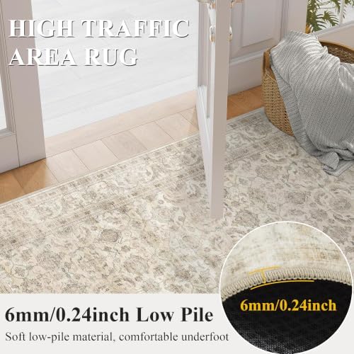 JOOJA 3x3 Beige Vintage Soft Low Pile Washable Boho Small Round Kitchen Rug