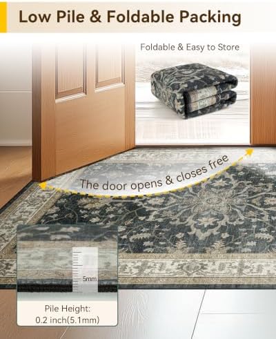 RELEANY Washable Area Rug, Runner 2'x9', Black/Vintage/Beige