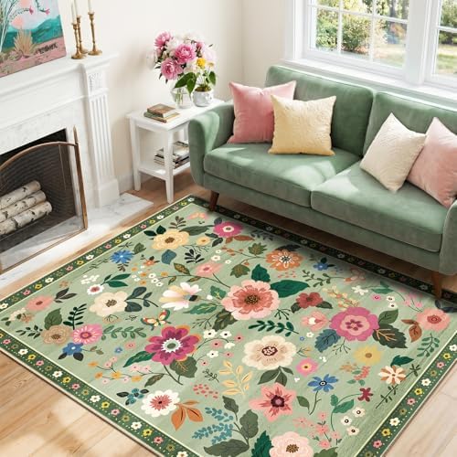 RELEANY Floral Washable 4x6 Area Rugs LightGreen