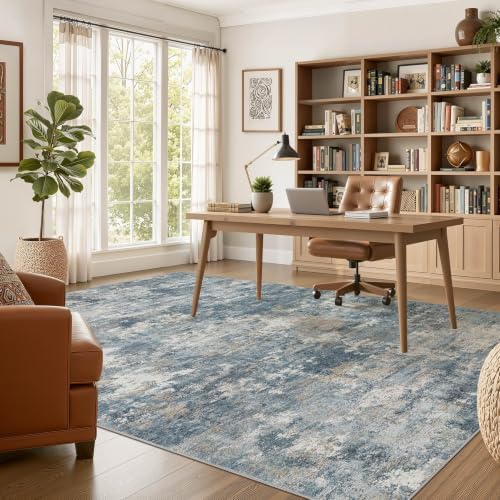 Nakagishi 8x10 Area Rugs Living Room: Washable Abstract Large Neutral Soft Rug Stain Resistant Modern Indoor Floor Non-Slip Carpet for Bedroom Nursery Kids Playroom Office Dining Room Dorm-Blue Brown