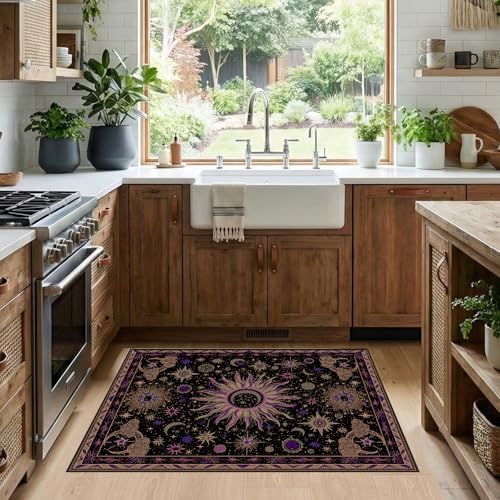 Vacuum-Friendly, 2x3 Washable Area Rug, Black Purple Beige