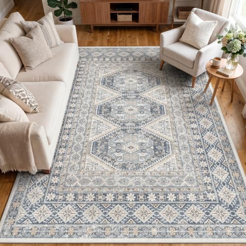 Ksrau 7x9 Area Rug Washable: Non Slip Living Room Floor Carpet Blue