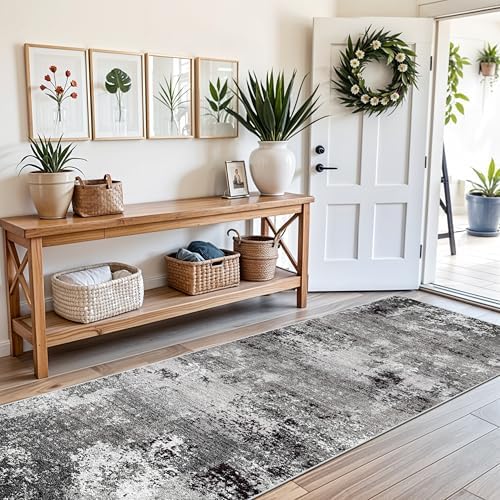 3x12 ft Long Hallway Runner Rug Non-Slip Washable Carpet Runner for Kitchen Entryway Bathroom Modern Abstract Neutral Low-Pile Thin Stain-Resistant Black Grey