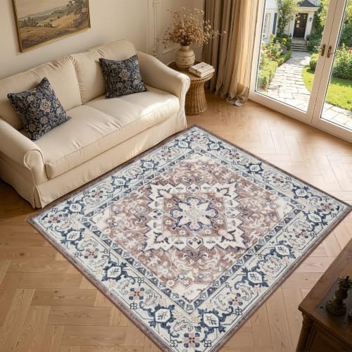 Lofus 4'x4' Square Washable Area Rug, Vintage Boho Floral Brown Carpet