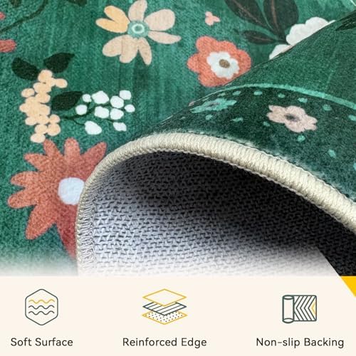 RELEANY Floral Washable 3x5 Area Rugs DarkGreen