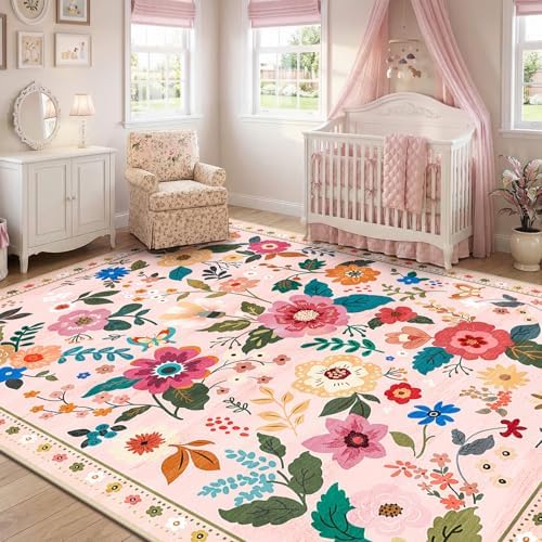 RELEANY Floral Washable 9x12 Area Rugs Pink