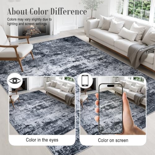 9x12 Area Rug Living Room: Modern Washable Indoor Carpet Black