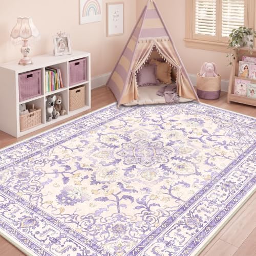 CAPALOCA 6x9 Washable Nursery Girls Low Pile Area Rug Purple Beige