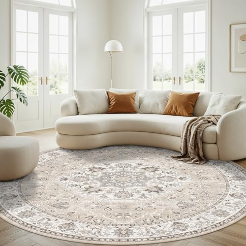 Washable 6ft Circle Round Rug: 6x6 Low-Pile Circular Rug for Living Room Bedroom Cute Office Nursery Area Rug with TPR Rubber Backing Soft Stain-Resistant Carpet Bathroom Entryway Dorm(6Round，Beige)