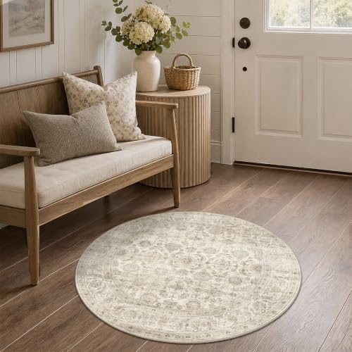 JOOJA 3x3 Beige Vintage Soft Low Pile Washable Boho Small Round Kitchen Rug