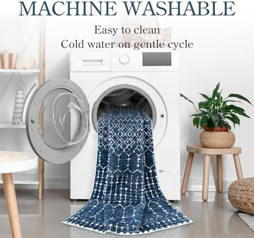 Lahome Moroccan Blue Carpet for Living Room 4x6 Area Rug Non-Slip Ultra-Thin Soft Bedroom Rug Stain Resistant Modern Carpet with Geometric Print for Office, Kitchen, Entryway, Dining Room Hana