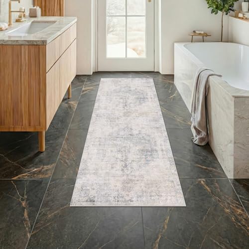 Hazo Haus Light Blue 2x5 Bathroom Runner Rug, Non-Slip Washable Runner for Kitchen, Laundry Room & Hallway, Abstract Design with Tan Accents, Eclectic Décor, Distressed Design