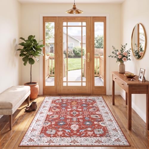 Hanples 3x5 Washable Rugs for Entryway, Vintage Floral Door Mat, Red