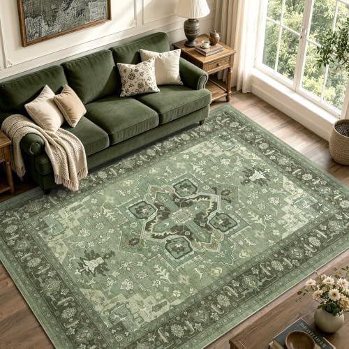 4x6 Ft Area Rugs for Living Room, Soft Non-Slip Machine Washable Rug, Vintage Stain Resistant Carpets for Bedroom Nursery Dining Room Home Decor (Green)
