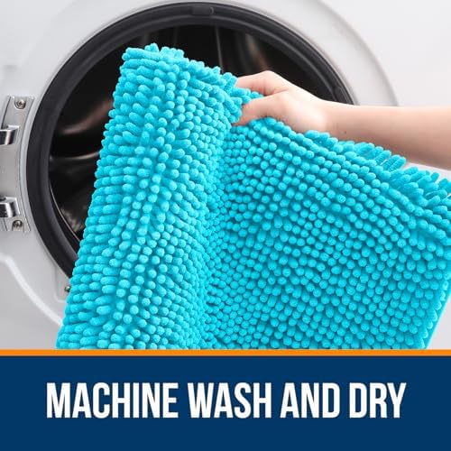 OLANLY Bathroom Runner Rugs 44x24, Soft Absorbent Chenille Bath Rugs, Rubber Backing Quick Dry, Machine Washable Long Bath Mats for Bathroom Floor, Tub and Shower, Home Decor Accessories, Aqua Sky