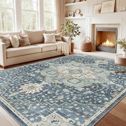 Amada Large 9x12 Washable Area Rug for Living Room, Blue/Yellow, Vintage
