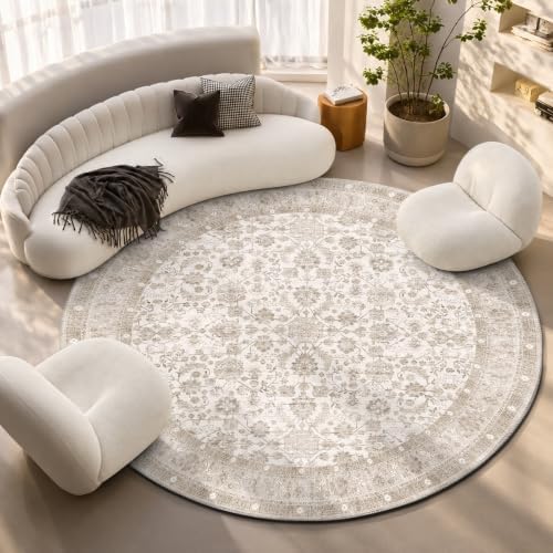OPPODREAM Vintage Light Beige Area Rugs 8' Round, Rug for Living Room