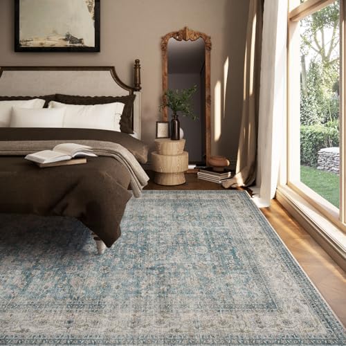 Machine Washable Living Room Rug: 5x7 Area Rugs for Bedroom Vintage Stain Resistant Non Slip Low Pile Lightweight Boho Carpet for Kitchen Dining Room Farmhouse Kids Room Nursery