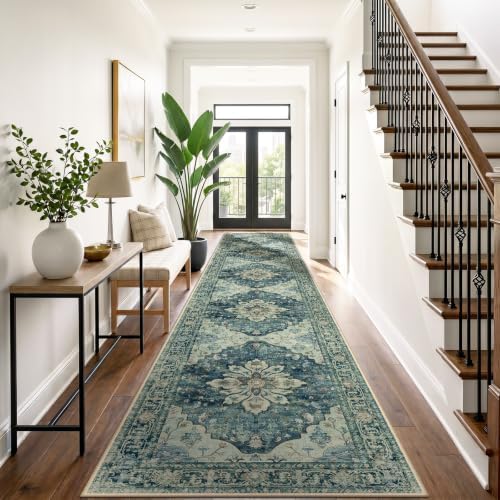 RELEANY Washable Area Rug, Runner 3'x20', Blue/Vintage Dark Blue