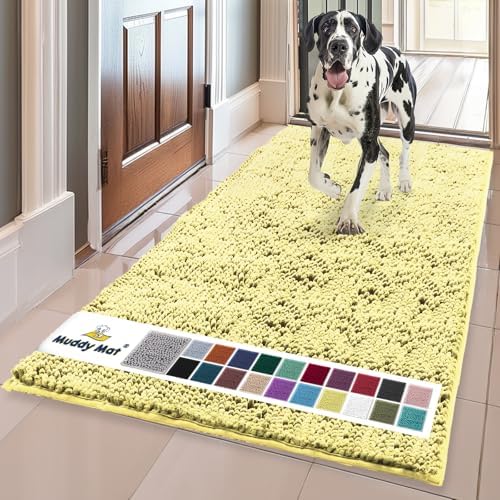 Muddy Mat® | Super Water Absorbent Door Mat Indoor, Microfiber Quick Dry Chenille Entryway Rug, Slip Resistant Front Door Mat, Indoor Mats for Entryway, Machine Washable Pet Rug, Yellow 24"x60"