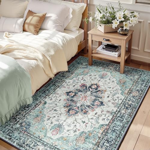 RELEANY Washable Area Rug, 3'x5', Teal Green/White/Navy