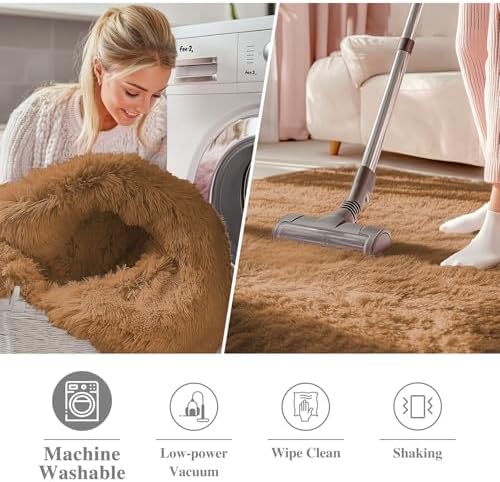 OLANLY Khaki Round Rugs for Bedroom - Machine Washable, 8 ft Circle Area Rugs for Living Room, Soft and Fluffy Shaggy Carpet for Teen Girl and Boys, Nursery Rooms, Dorms, Home Decor Aesthetic
