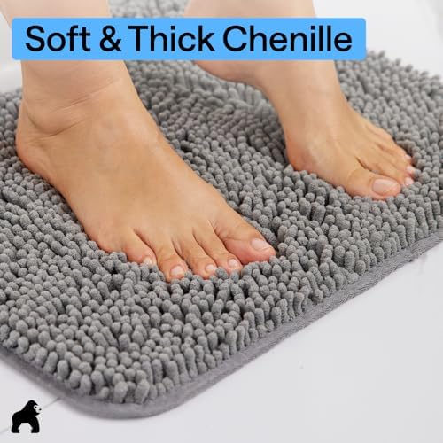 GORILLA GRIP Bath Rug Mat for Bathroom, Absorbent Chenille, 48x24 Gray