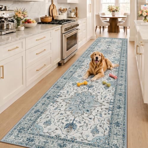 RELEANY Washable Area Rug, Runner 3'x12', Blue/White/Gray