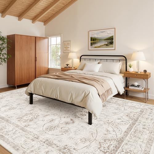 Madane Living Room 10x14 Area Rugs, Washable Soft Neutral Rug Brown/Ivory