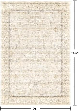 Hazo Haus Washable Ivory Beige Living Room Rug, 8x12 Non Slip Area Rugs for Bedroom, Dining Room Under Table, Low Pile Neutral Farmhouse Vintage Foldable Décor