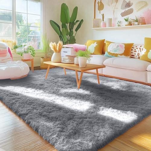 OLANLY Area Rugs for Living Room Bedroom, Machine Washable 4x5.9 ft Soft Fluffy Shaggy Bedside Rug, Indoor Floor Carpet for Kids Girls and Boys, Dorms, Nursery Rooms, Home Decor, Silver Grey