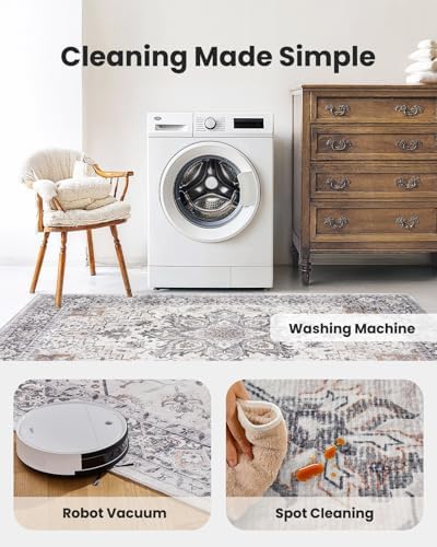 Amada 6x9 Washable Area Rug for Dining Room, Taupe, Boho Vintage Pattern