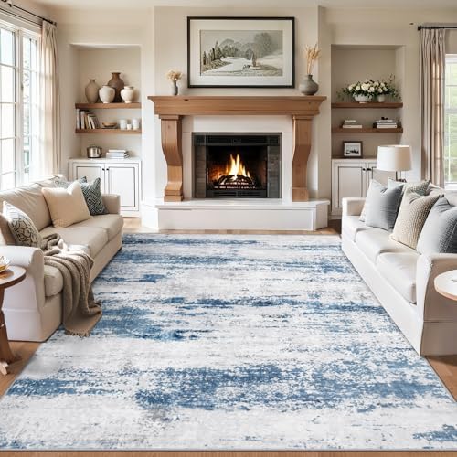PLHXFR 9x12 Area Rug Living Room: Abstract Washable Carpet White Blue