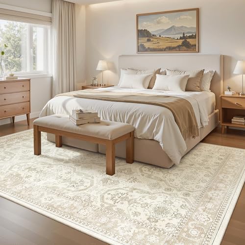 Soalmost 5x8 Area Rug Low Pile Washable Trendy Faded Style Rug, Beige/Brown