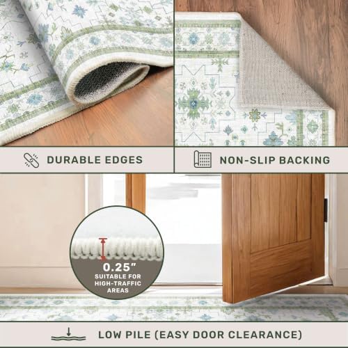 Green and Blue Kids Rugs for Bedroom 5x8 - Oushak Boho Cute Area Rug, Washable Low Pile Non-Slip Soft Foldable Indoor Carpet for Nursery, Playroom