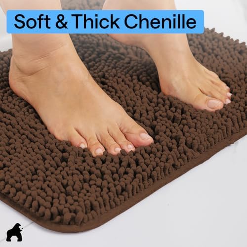 GORILLA GRIP Bath Rug Mat for Bathroom, Absorbent Chenille, 48x24 Brown