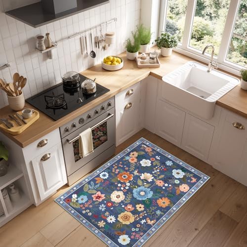 RELEANY Floral Washable 2x3 Area Rugs Doormat Blue/Grey