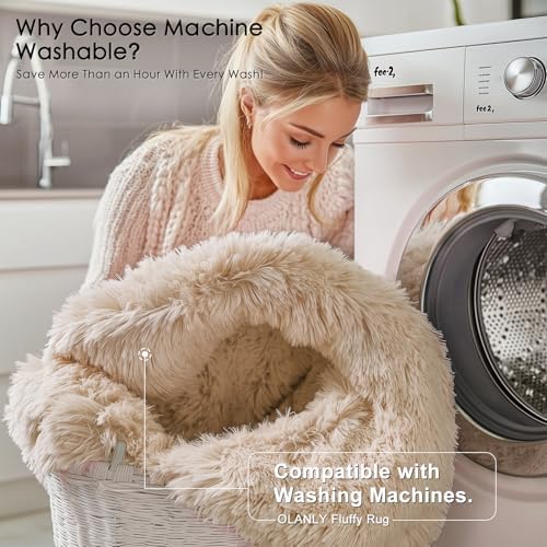 OLANLY 3x7 Machine Washable Runner Rugs for Hallway, Soft Fluffy Shaggy Bedside Rugs for Bedroom, Living Room, Indoor Floor Carpet for Kids Girls and Boys, Nursery Rooms, Home Decor Aesthetic, Beige